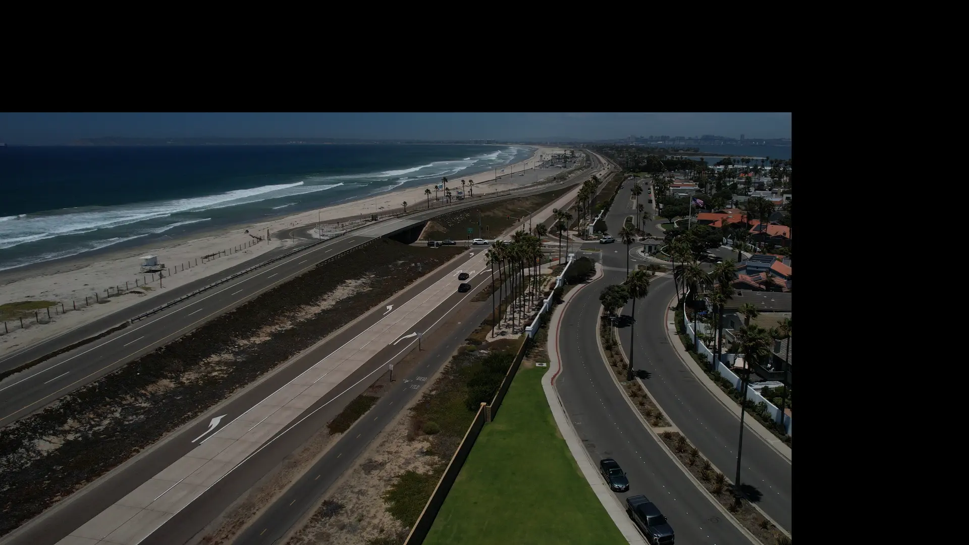 Aerial view of the coastline and roadway