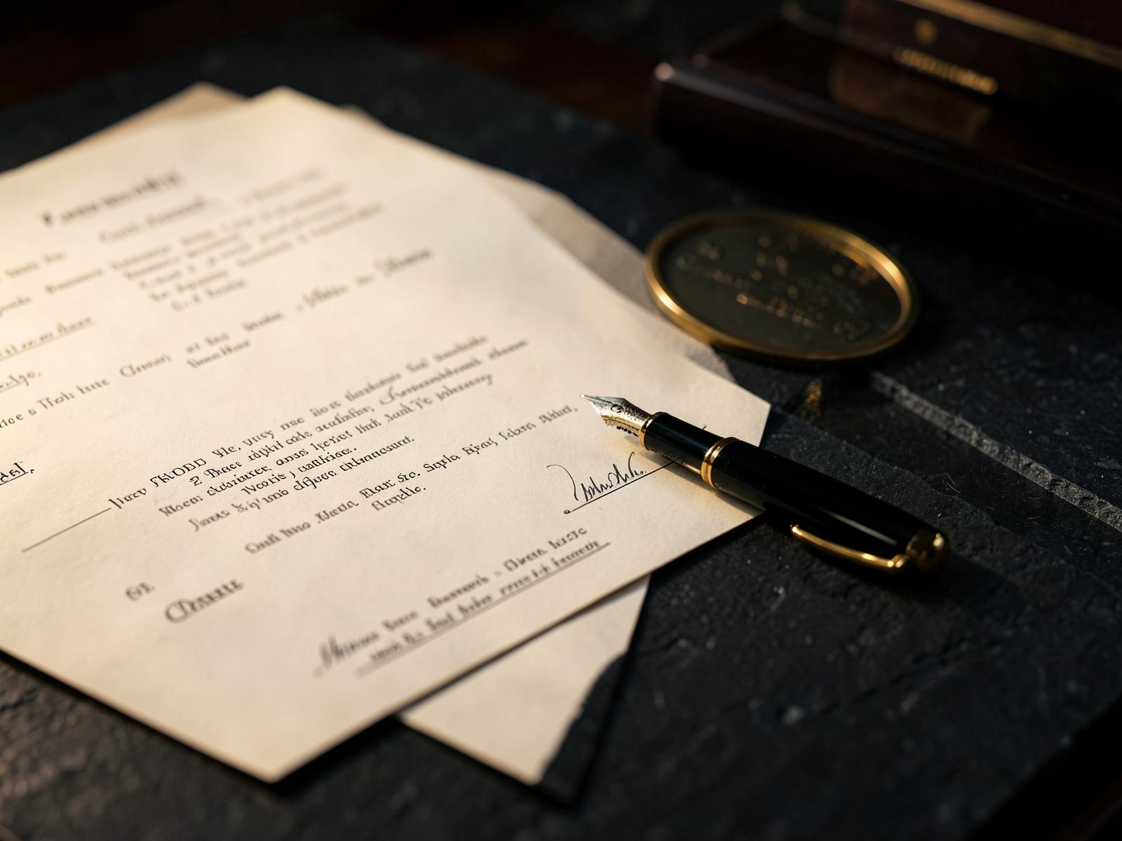 Notary desk with documents and seal